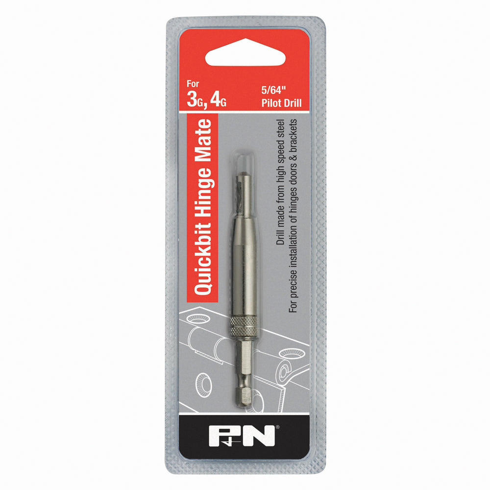 Packaging for P&N Quickbit Hinge Mate 5g/6g (7/64in) Pilot Drill, showing the drill bit and its features.