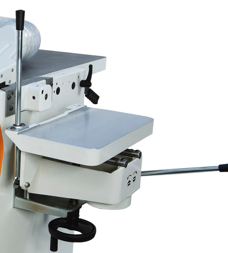 SCM 777326 mortising attachment fitted to a Minimax machine, with its table, adjustment handles and handwheel