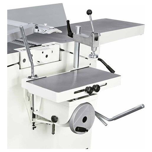SCM 777326 horizontal mortiser fitted to a Minimax combination machine, showing table and adjustment handles