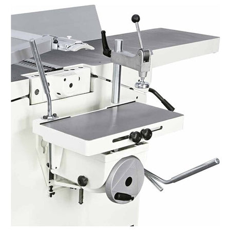 SCM 777326 horizontal mortiser fitted to a Minimax combination machine, showing table and adjustment handles